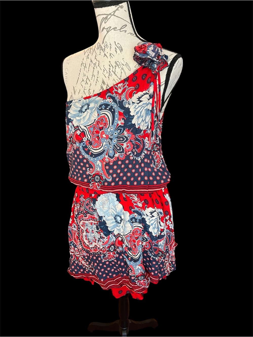 Farm Rio dress red, blue, & white bohemian paisley print mini size Small